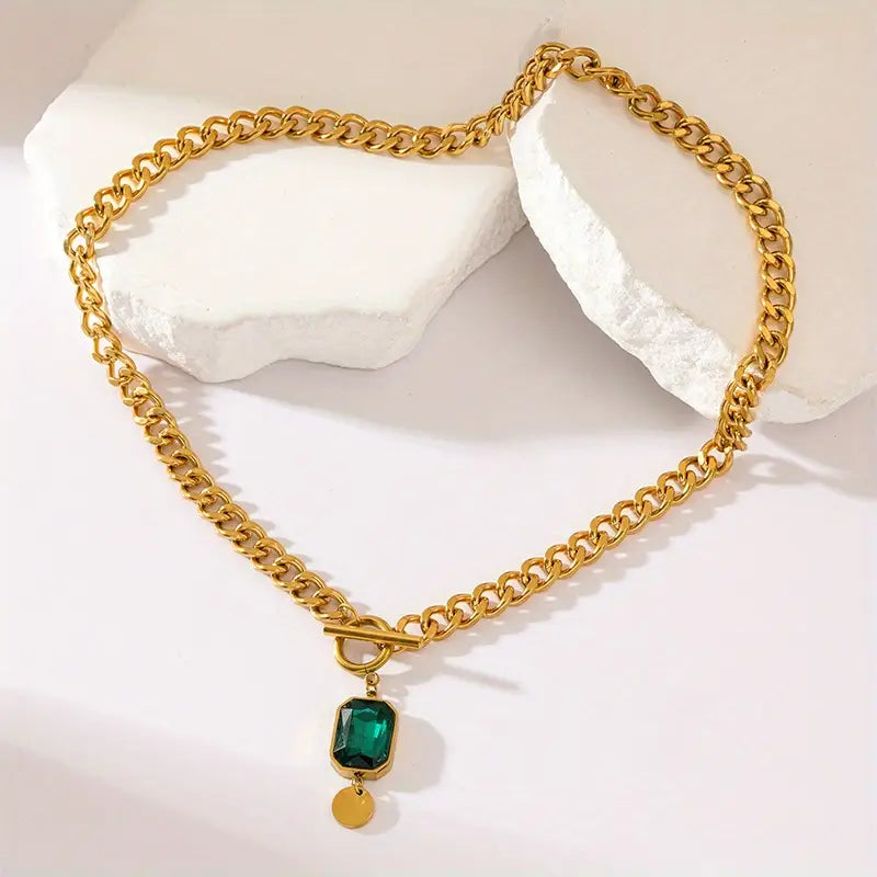 Chunky Chain Emerald Pendant Necklace