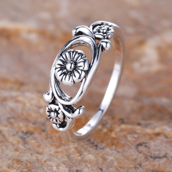 Vintage Bohemian Design Silver Plated Flower Ring