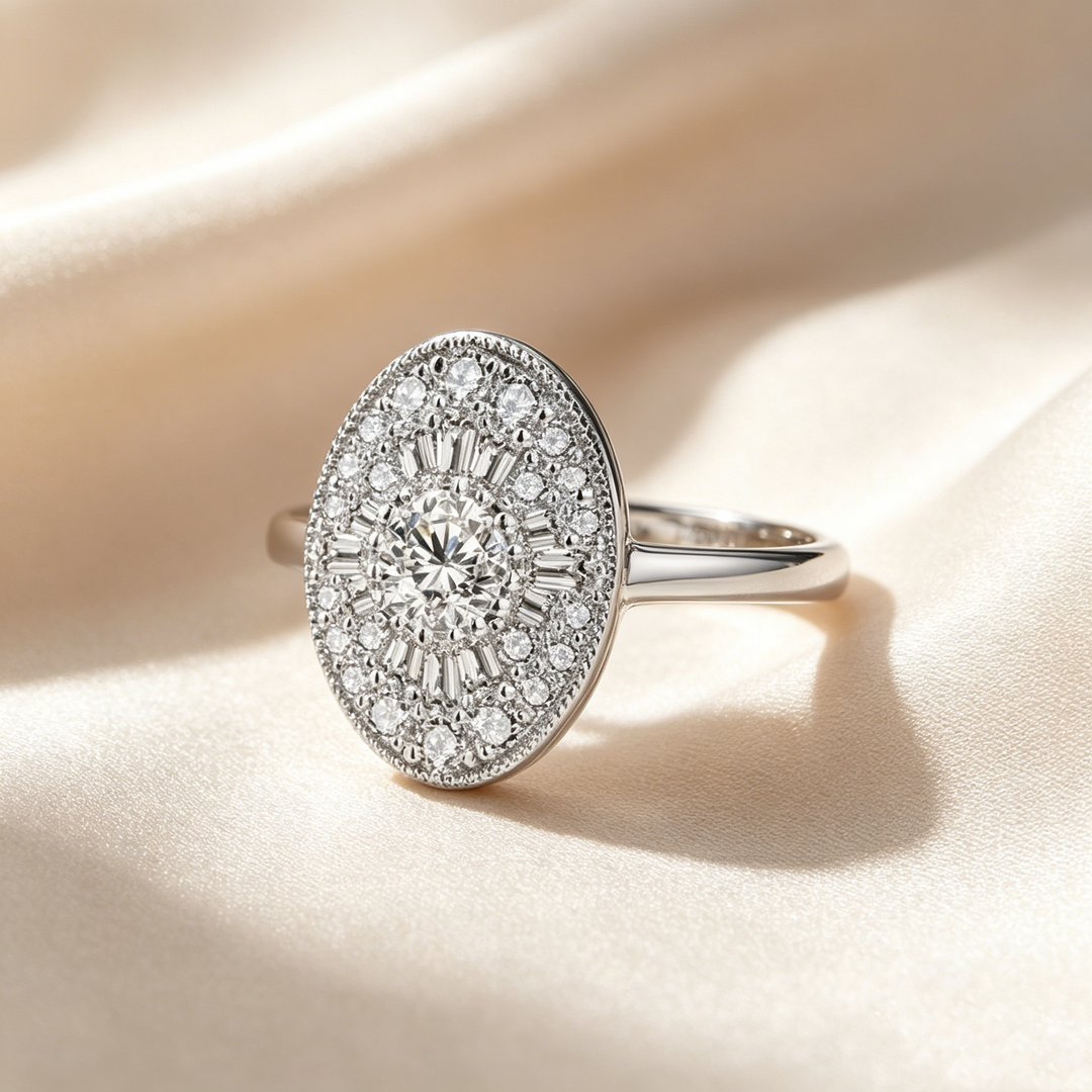 Oval Halo Sunburst Crystal Ring