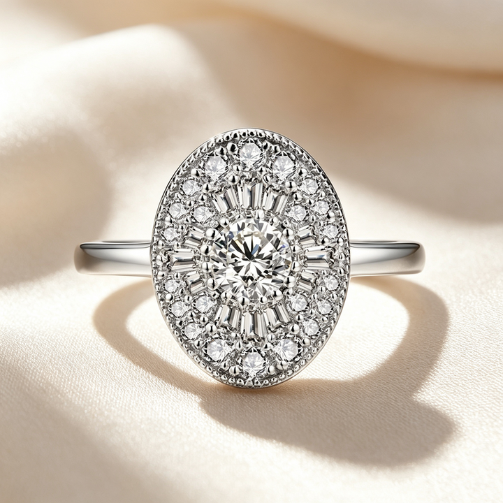 Oval Halo Sunburst Crystal Ring