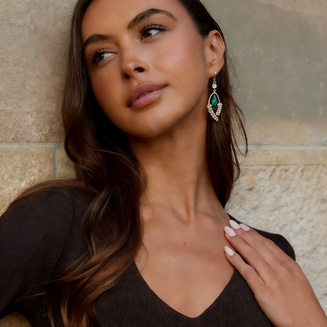 Elegant Green Crystal Leaf Earrings