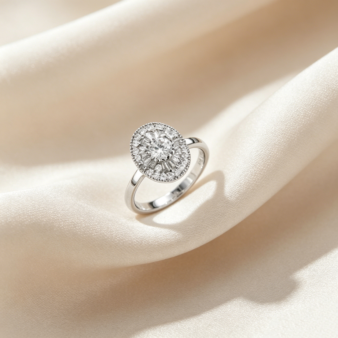 Oval Halo Sunburst Crystal Ring