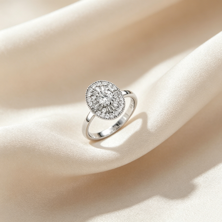 Oval Halo Sunburst Crystal Ring