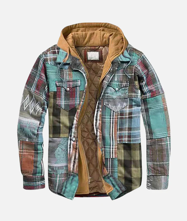 Rowan hooded checked shirt jacket in mint patchwork check, shown open with its quilted lining and tan corduroy hood