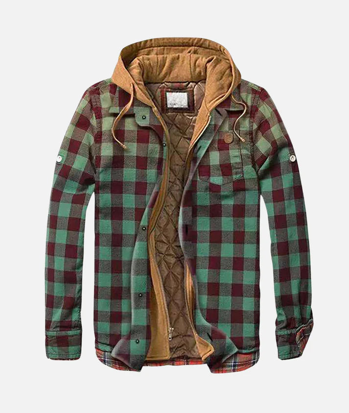 Rowan hooded checked shirt jacket in green and burgundy check, shown open with its quilted lining and tan corduroy hood