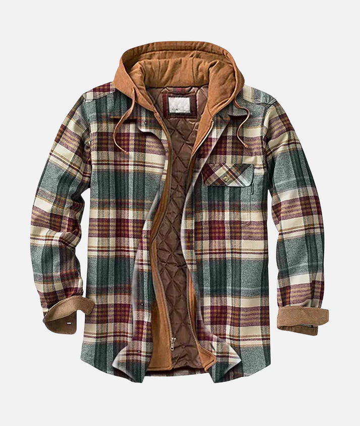 Rowan hooded checked shirt jacket in forest green check, shown open with its quilted lining and tan corduroy hood