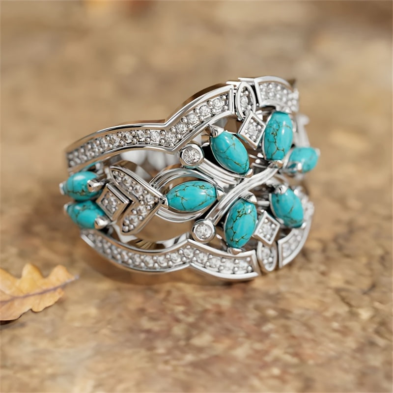 Vintage Bohemian Turquoise Floral Cluster Ring