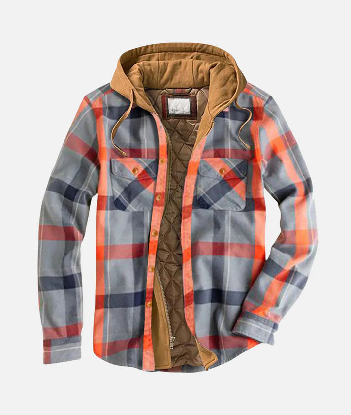 Rowan hooded checked shirt jacket in grey and orange check, shown open with its quilted lining and tan corduroy hood