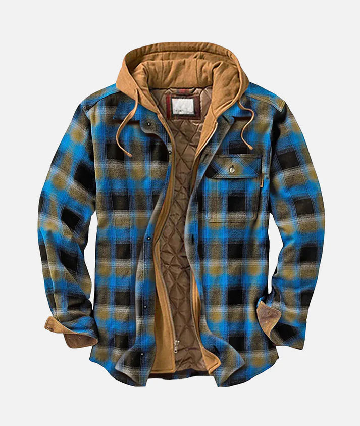 Rowan hooded checked shirt jacket in blue and olive check, shown open with its quilted lining and tan corduroy hood