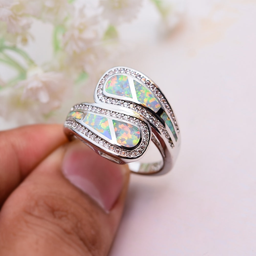 Vintage Bohemian White Opal Stone Silver Plated Ring