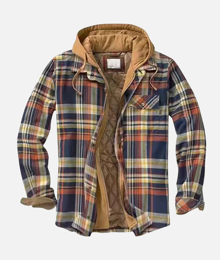 Rowan hooded checked shirt jacket in navy and orange check, shown open with its quilted lining and tan corduroy hood