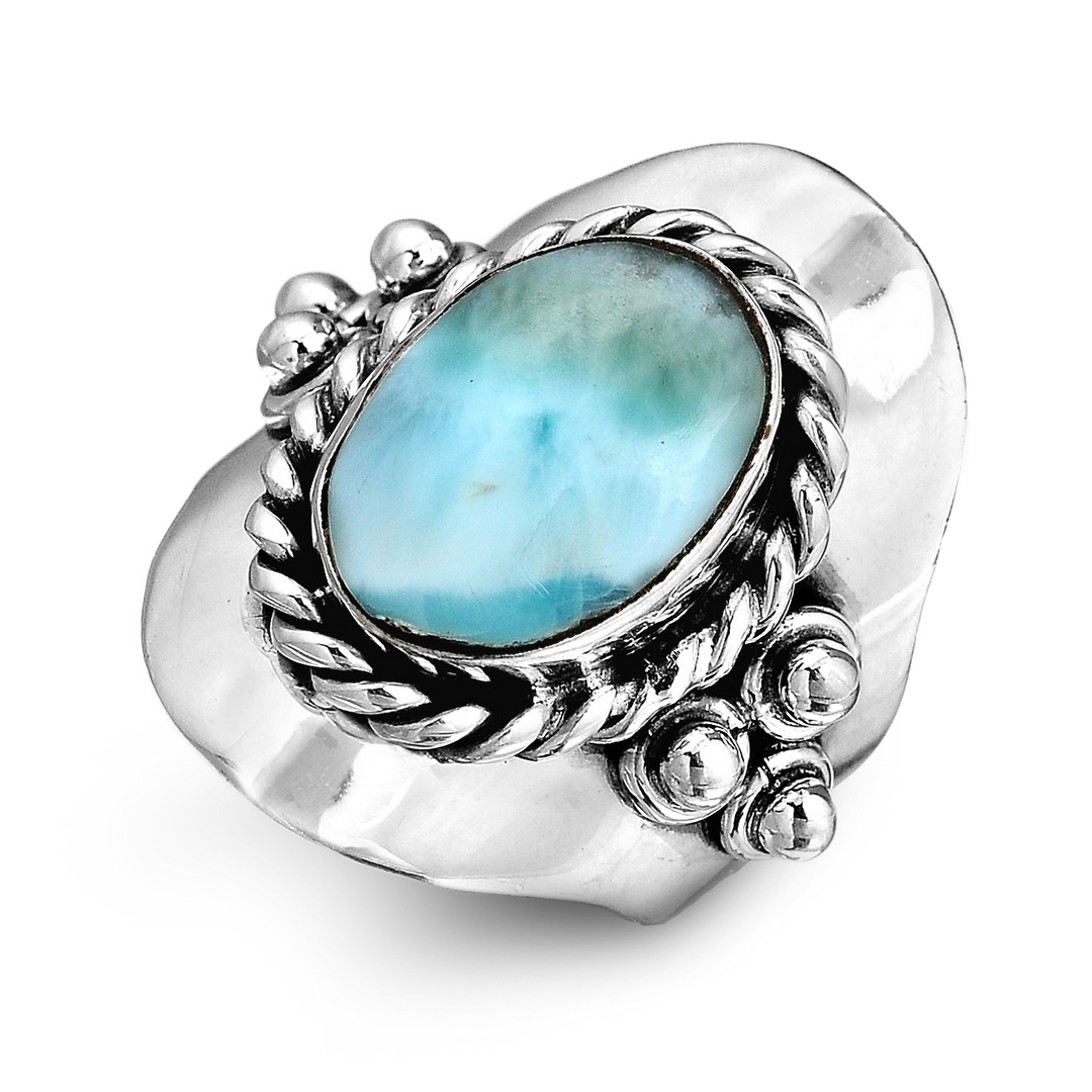 Vintage Style Oval Larimar Silver Boho Ring