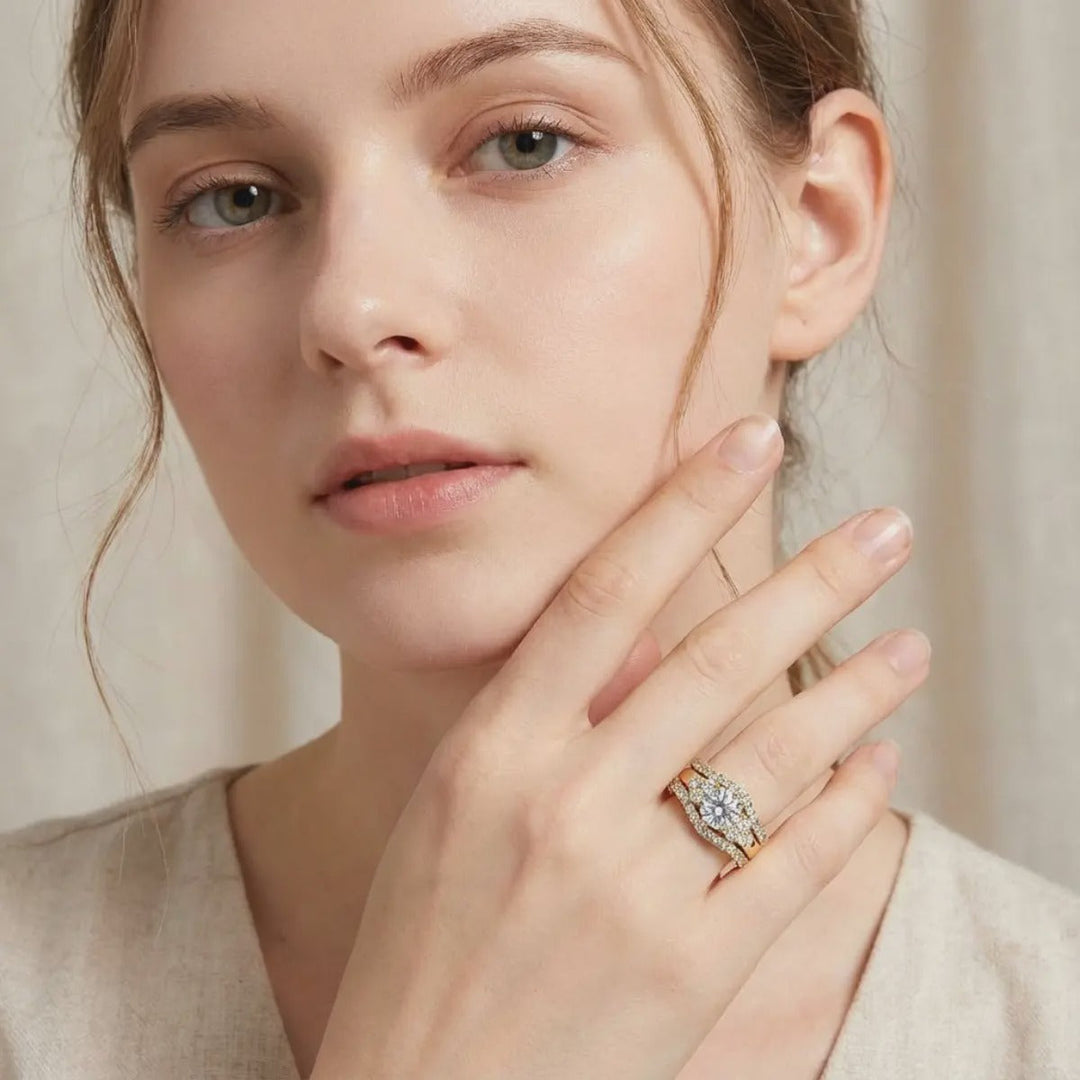 Round-cut gemstone promise ring three-piece set