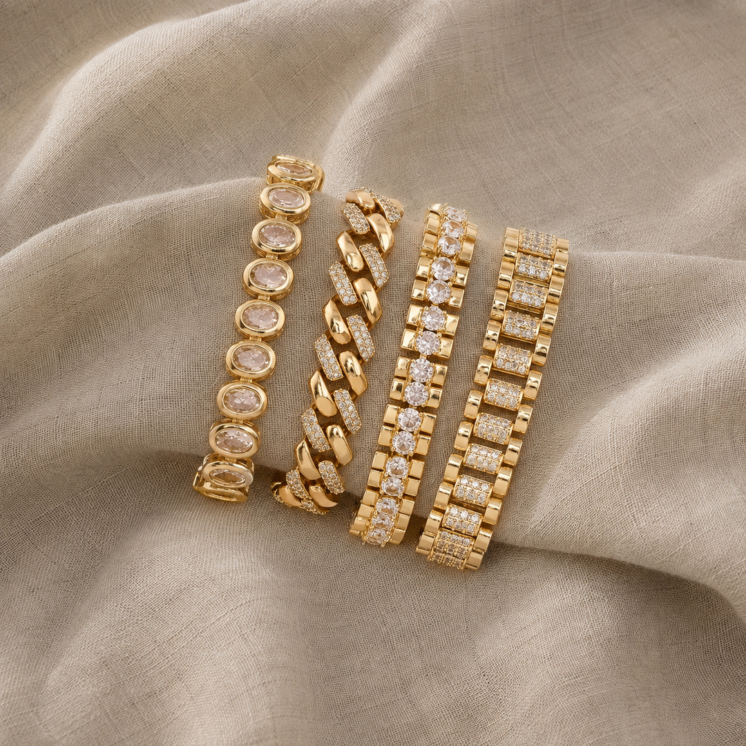 Chunky Gold Cubic Zirconia Adjustable Bangle Set