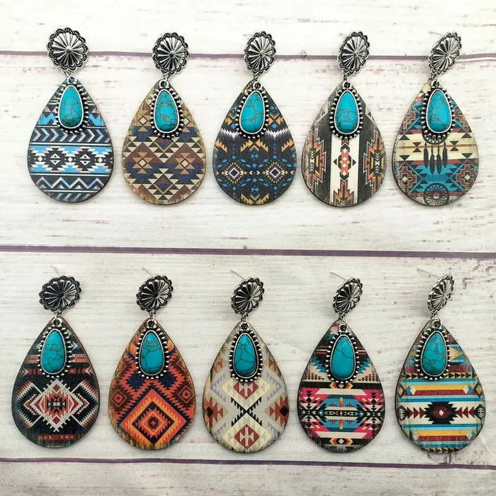 Retro Western Hanger Turquoise Steen Dames Oorbel Water Druppel Geometrische Print Hout Oorbellen