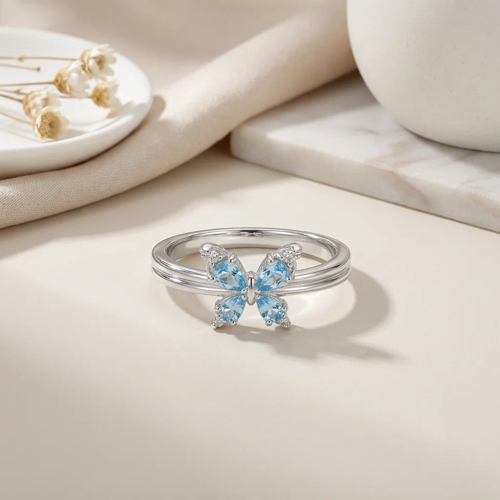 Aqua Butterfly Solitaire Ring