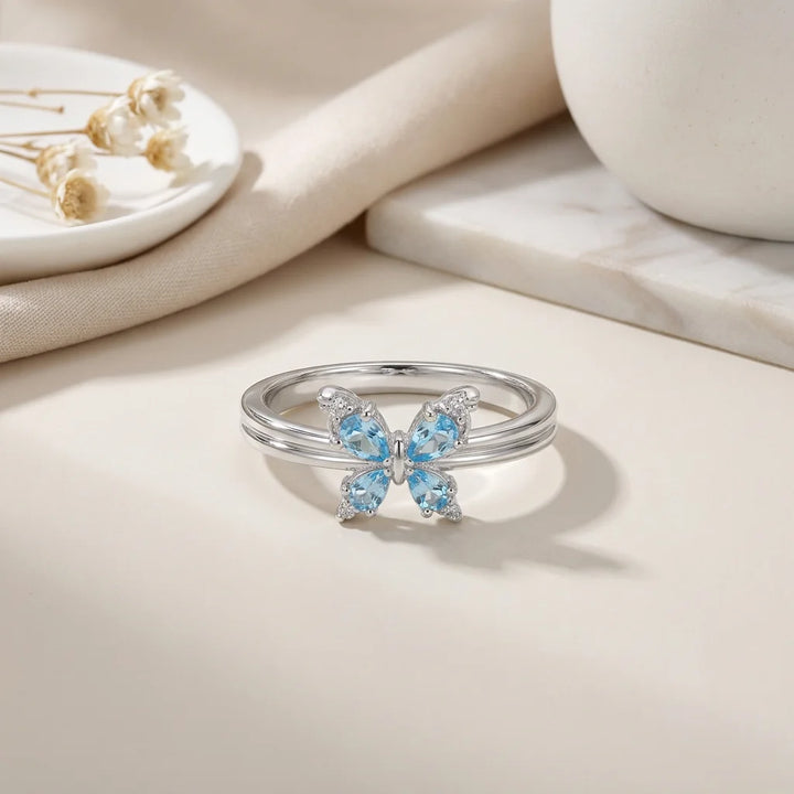 Aqua Butterfly Solitaire Ring