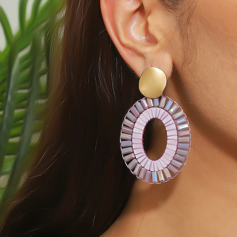 Boheemse Stijl Kristal Kralen Groothandel Mode Grote Vergulde Geometrische Ovale Holle Oorbellen Trendy Bengelen Ontwerp