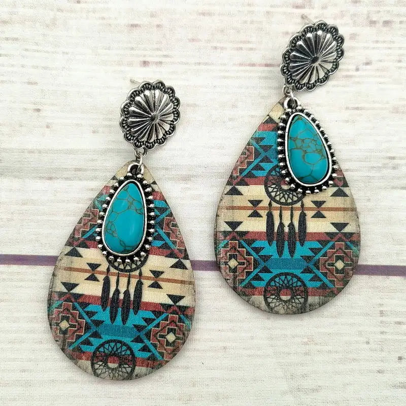 Retro Western Hanger Turquoise Steen Dames Oorbel Water Druppel Geometrische Print Hout Oorbellen