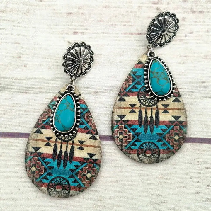 Retro Western Hanger Turquoise Steen Dames Oorbel Water Druppel Geometrische Print Hout Oorbellen