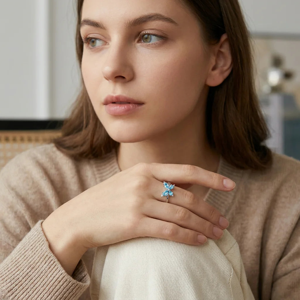 Aqua Butterfly Solitaire Ring