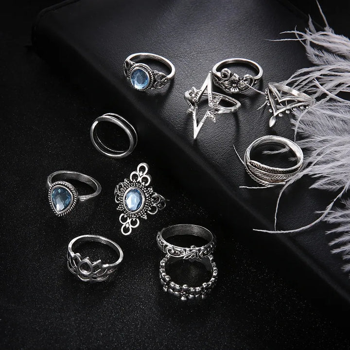 Eleven-Piece Carved Blossom Ring Set
