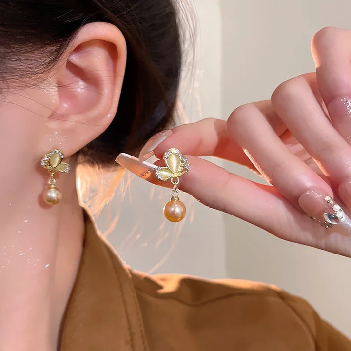 Pearl Drop Butterfly Wing Earrings