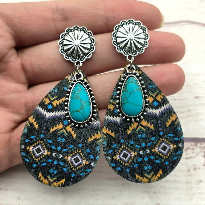 Retro Western Hanger Turquoise Steen Dames Oorbel Water Druppel Geometrische Print Hout Oorbellen