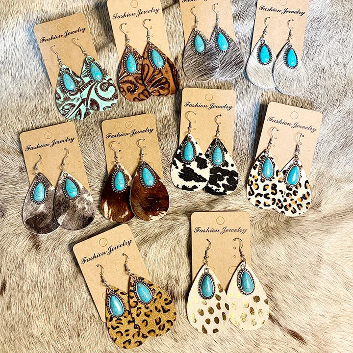 Populaire Retro Koe Luipaard Lederen Oorbellen Turquoise Gesplitste Water Drop Cowgirl Oorbellen