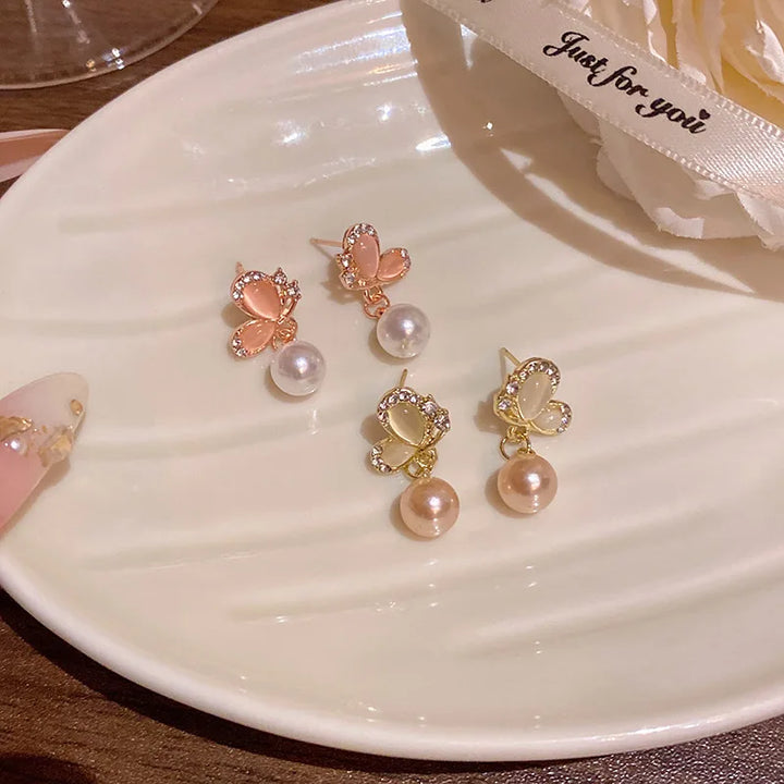 Pearl Drop Butterfly Wing Earrings
