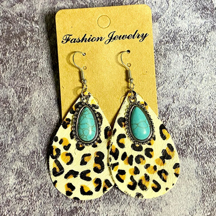 Populaire Retro Koe Luipaard Lederen Oorbellen Turquoise Gesplitste Water Drop Cowgirl Oorbellen