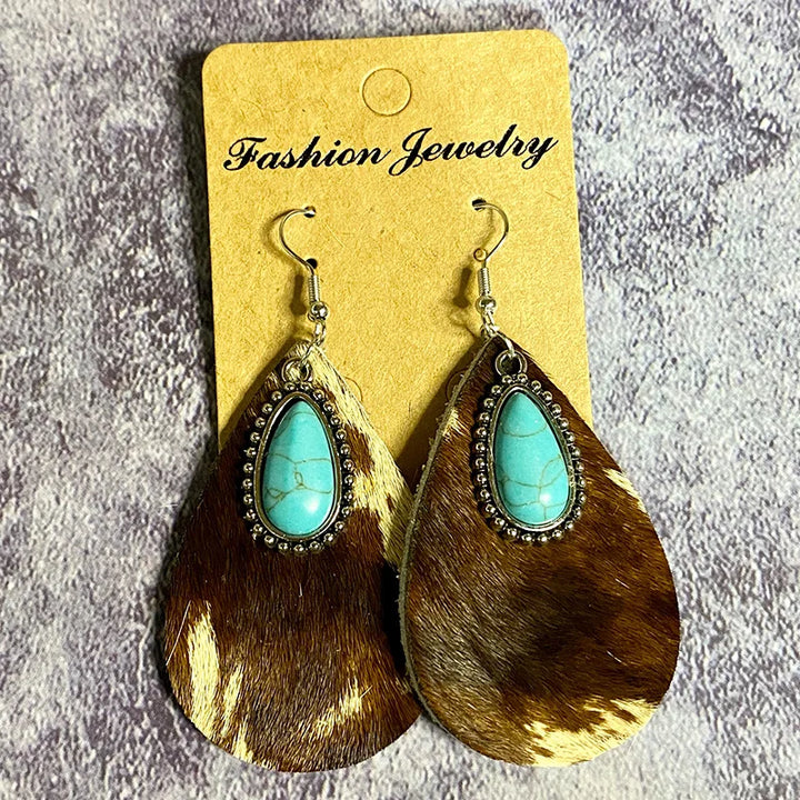 Populaire Retro Koe Luipaard Lederen Oorbellen Turquoise Gesplitste Water Drop Cowgirl Oorbellen
