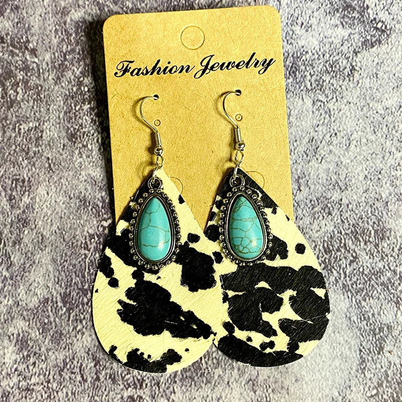Populaire Retro Koe Luipaard Lederen Oorbellen Turquoise Gesplitste Water Drop Cowgirl Oorbellen