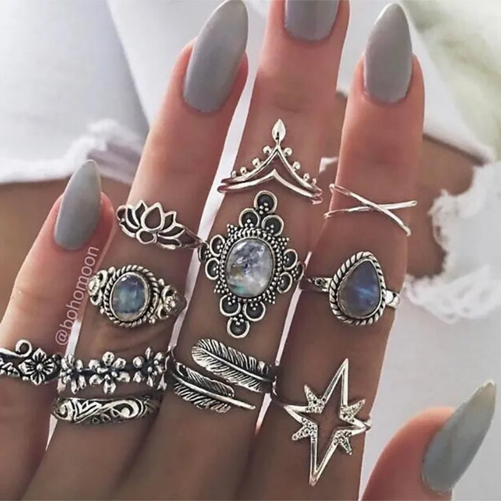 Eleven-Piece Carved Blossom Ring Set