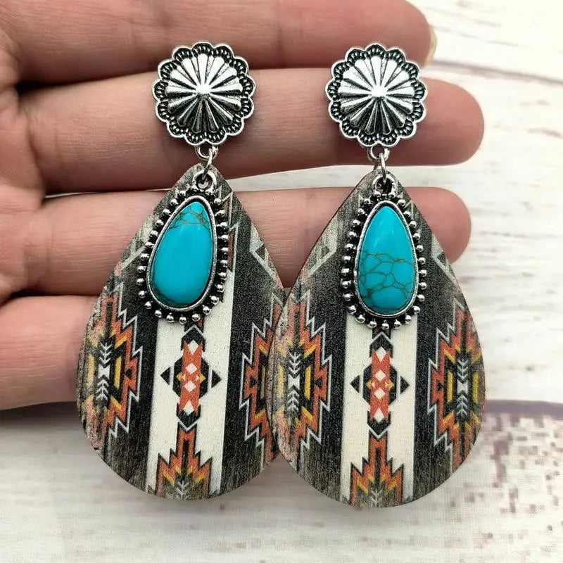 Retro Western Hanger Turquoise Steen Dames Oorbel Water Druppel Geometrische Print Hout Oorbellen
