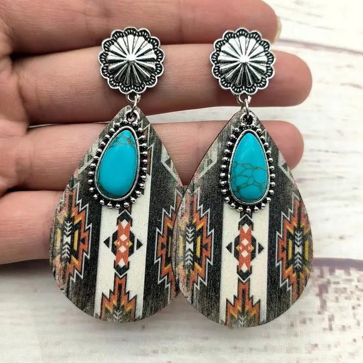 Retro Western Hanger Turquoise Steen Dames Oorbel Water Druppel Geometrische Print Hout Oorbellen