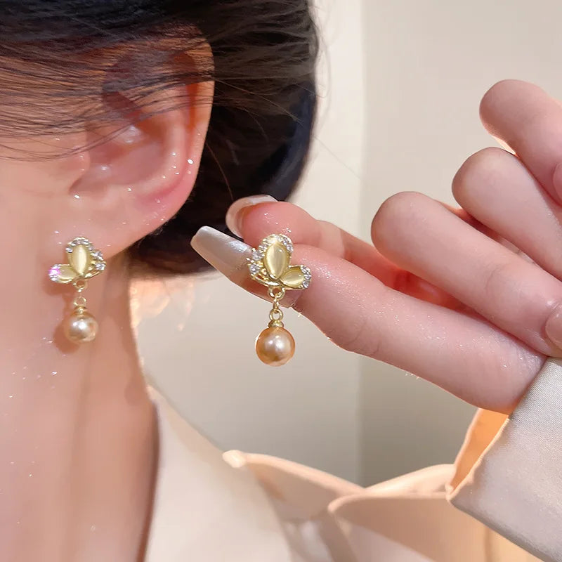 Pearl Drop Butterfly Wing Earrings