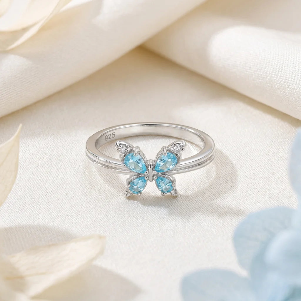 Aqua Butterfly Solitaire Ring