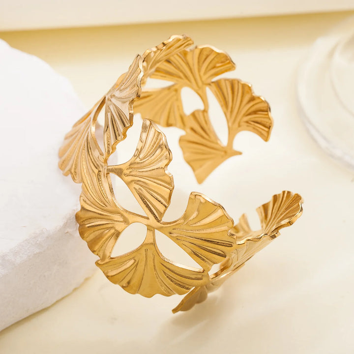 Groothandel Exaggerated RVS Blad Armband 18K Echt Verguld Luxe Open Armband