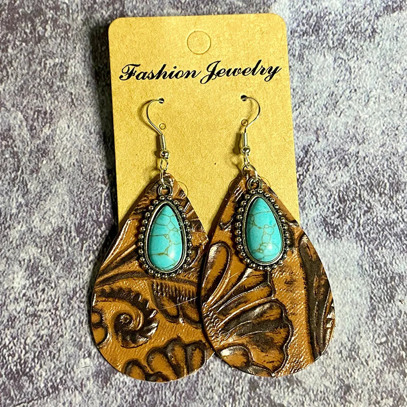 Populaire Retro Koe Luipaard Lederen Oorbellen Turquoise Gesplitste Water Drop Cowgirl Oorbellen