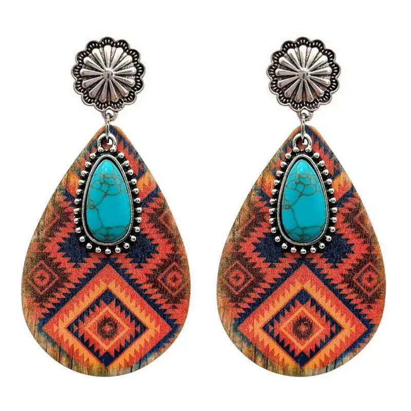 Retro Western Hanger Turquoise Steen Dames Oorbel Water Druppel Geometrische Print Hout Oorbellen