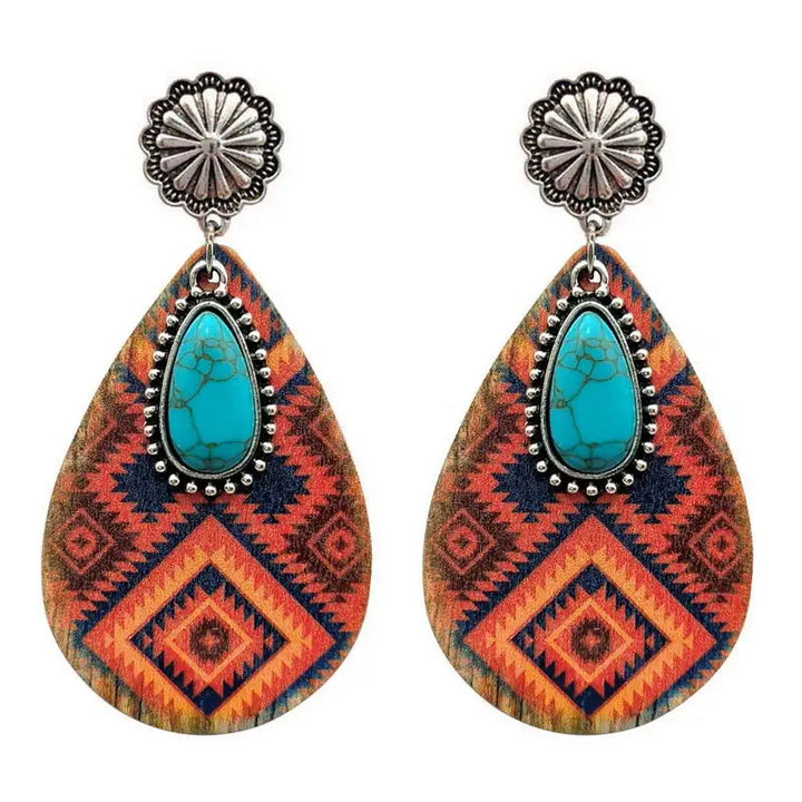 Retro Western Hanger Turquoise Steen Dames Oorbel Water Druppel Geometrische Print Hout Oorbellen