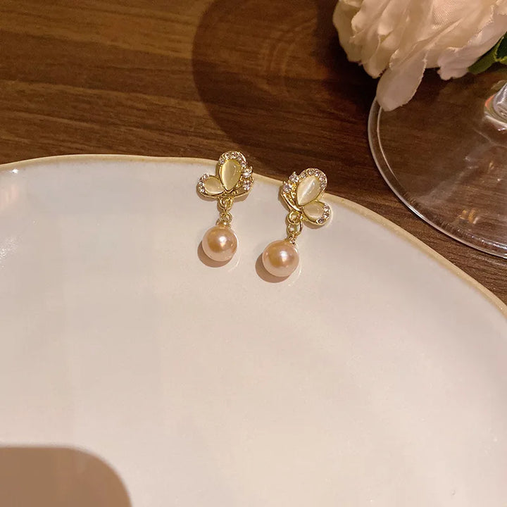 Pearl Drop Butterfly Wing Earrings