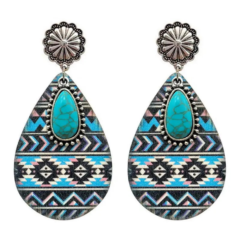 Retro Western Hanger Turquoise Steen Dames Oorbel Water Druppel Geometrische Print Hout Oorbellen