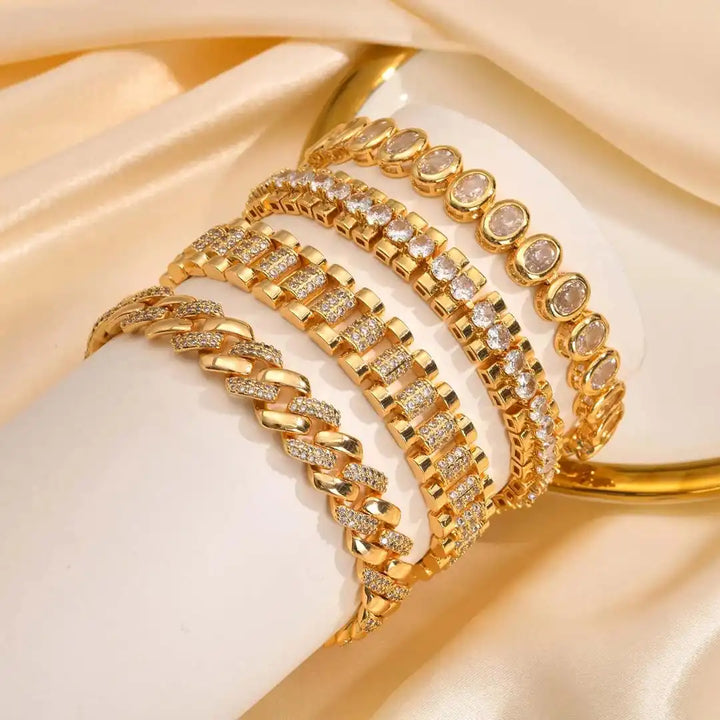 Chunky Gold Cubic Zirconia Adjustable Bangle Set