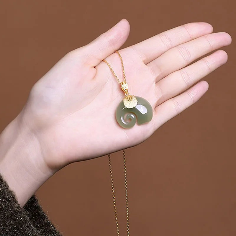 Hetian Jade Elephant Pendant Necklace 18K Gold Plated Chain for Women
