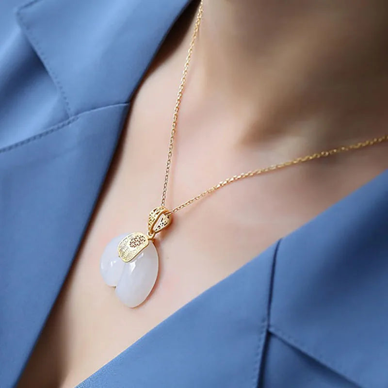 Hetian Jade Elephant Pendant Necklace 18K Gold Plated Chain for Women