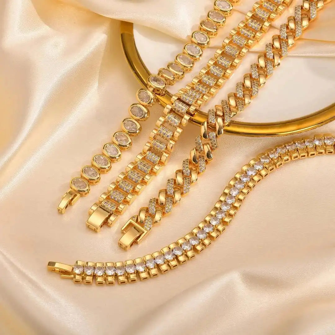 Chunky Gold Cubic Zirconia Adjustable Bangle Set