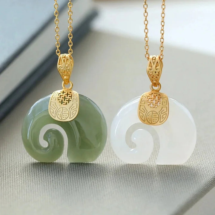 Hetian Jade Elephant Pendant Necklace 18K Gold Plated Chain for Women