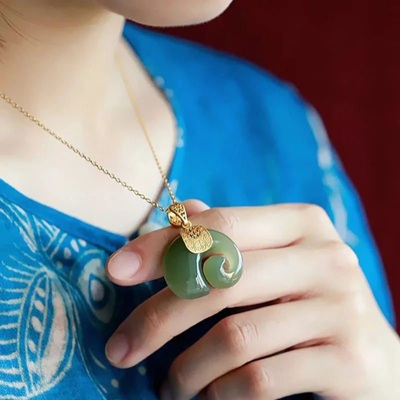 Hetian Jade Elephant Pendant Necklace 18K Gold Plated Chain for Women